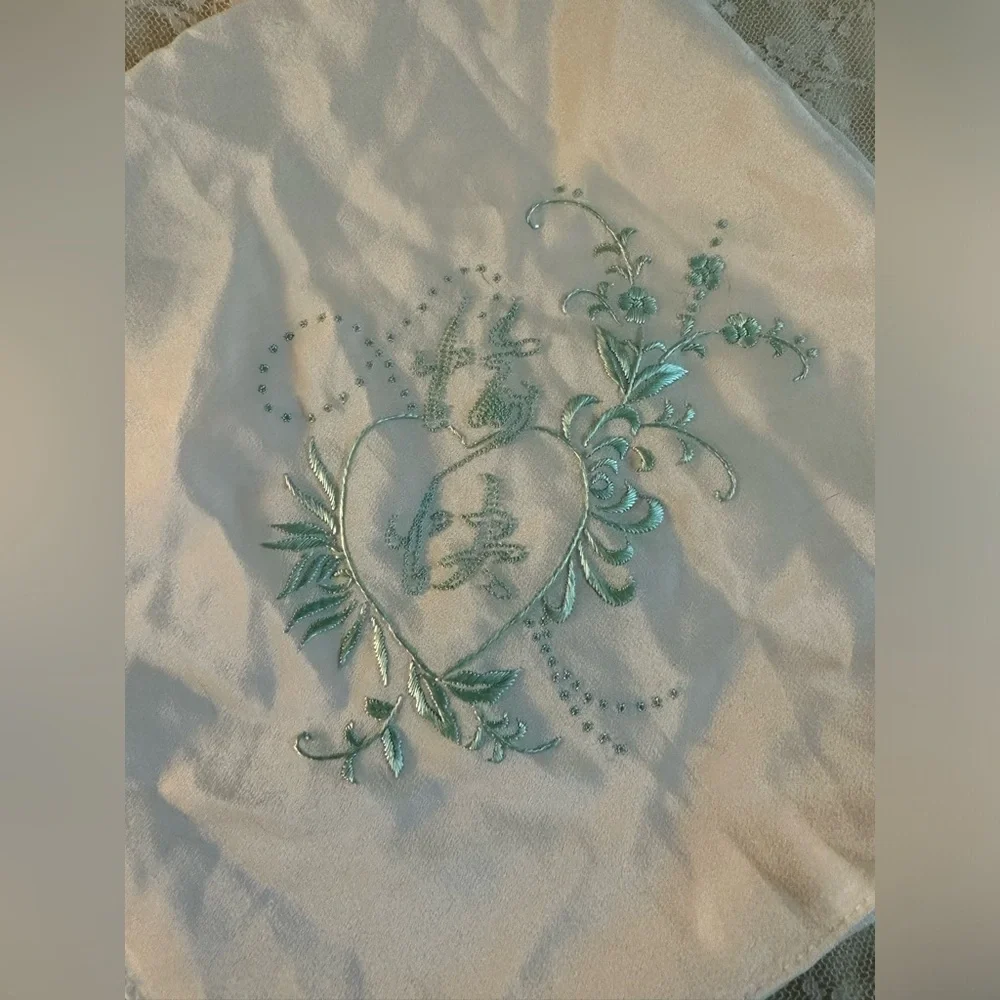 Embroidered Silk Scarf with Design in green 29 x 29